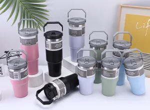 Gobelet Isolé sous Vide en Acier Inoxydable 900ml avec Poignée et Paille pour Voyage