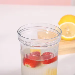Clear plastic fruit tea cup with vertical stripes, portable straw cup for students and daily drinks.