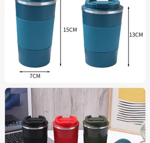 Stainless steel travel coffee mug detail showing dimensions, double wall insulation and grip.