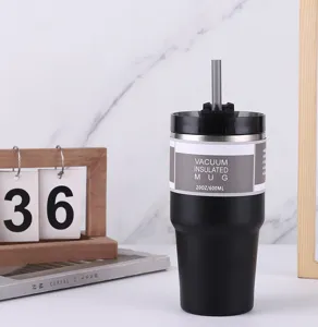 Gobelet isotherme sous vide en acier inoxydable avec paille 20 oz tasse de café de voyage noire
