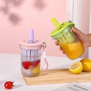 Portable clear plastic fruit tea cup with straw and built-in strainer for daily use view