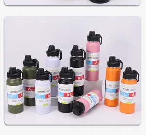 Vue détaillée de bouteilles d'eau isothermes en acier inoxydable colorées avec poignée voyage.