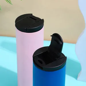 Stainless steel insulated travel coffee mug detail showing open lid and pink blue color options.