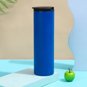Blue stainless steel vacuum insulated coffee tumbler detail shot, sleek cylindrical design.