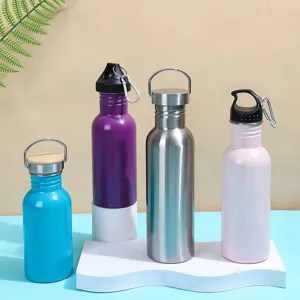 Portable stainless steel water bottle with handle and carabiner, multi-color outdoor travel cup.