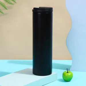 Detail view of the black stainless steel insulated coffee mug showing smooth finish and sleek design.