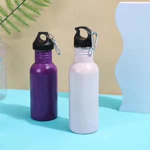 Detail shot of portable outdoor sports water bottles with carabiner hooks and lids in vibrant colors.