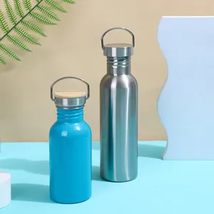 Stainless steel vacuum insulated water bottle with portable handle, durable outdoor sports flask.