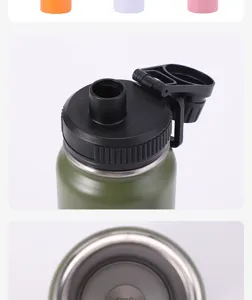 Vue détaillée de la bouteille de sport isotherme en acier inoxydable avec couvercle, poignée.