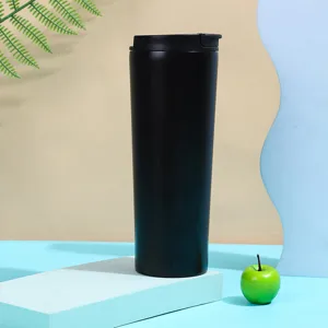 Detail shot of black stainless steel vacuum insulated travel mug on geometric studio display.