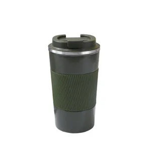 Stainless steel vacuum insulated travel coffee mug with leak-proof lid and anti-slip grip sleeve.