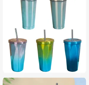 Gobelet en acier inoxydable dégradé avec paille, tasse de voyage isotherme design diamant.