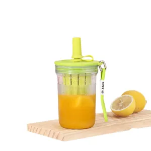 Portable plastic fruit tea cup with straw, green lid, built-in strainer and handy strap.