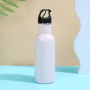 Detailed view of pink outdoor sports water bottle with black portable handle and wide mouth.