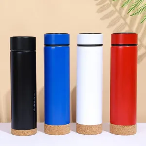 Stainless steel vacuum insulated water bottle with cork base, portable travel mug for office and gift.