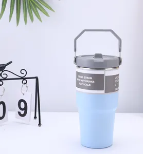 Gobelet isotherme en acier inoxydable avec poignée et couvercle paille voyage