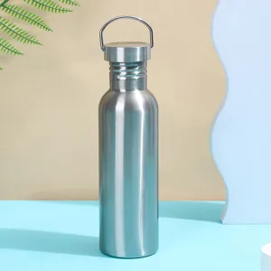 Stainless steel water bottle detail, portable handle design, double vacuum travel insulation.