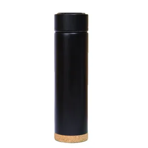 Stainless steel vacuum insulated water bottle with cork base, black travel coffee mug.
