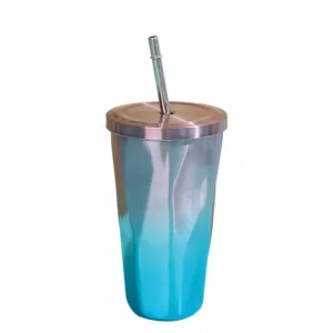 Gobelet en acier inoxydable dégradé avec paille design à facettes tasse de voyage