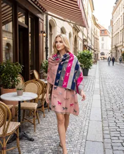 Detail van een model met een roze faux kasjmier sjaal met paardenprint in een café