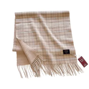 Bufanda de lana a cuadros retro para mujer con flecos, chal largo cálido beige