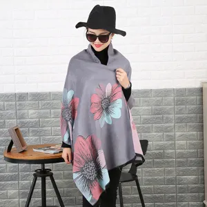 Elegante chal gris de imitación cachemira con estampado de girasoles para el calor de otoño e invierno