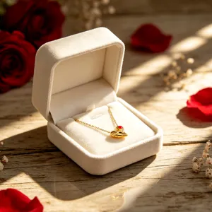 Collar de corazón asimétrico vintage dorado con esmalte rojo en caja de regalo.