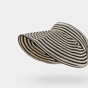 Black and white striped empty top sun hat with extended 14cm brim for UV protection summer outdoor.