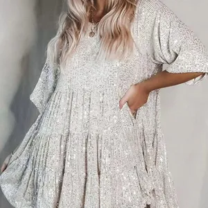 Silver sequin tiered short sleeve dress detail, loose round neck fit with sparkling party.