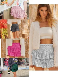 Damen Pailletten Stufen Minirock glitzernd Party Clubwear metallischer kurzer Rock