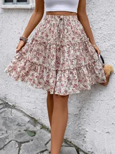 Minigonna a balze con stampa floreale da donna, gonna corta casual a vita alta con coulisse.