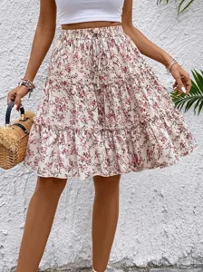 Donna estate gonna con volant stampa floreale vita alta boho spiaggia gonna corta chic