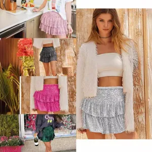 Damen Sexy Glitzernder Pailletten Minirock Hohe Taille Gestufter A-Linie Party Club Kurzer Rock Damen Unterteile