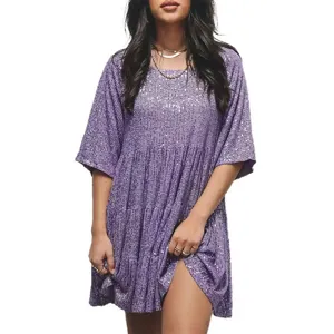 Purple sequin tiered short sleeve mini dress detail view, elegant party wear style.