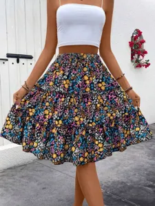 Donna estate stampa floreale gonna midi a balze casual vita alta linea A boho spiaggia