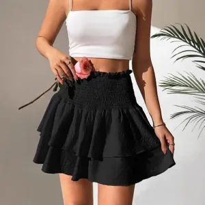 Femme Taille Haute Jupe Courte à Volants Été Casual Couleur Unie Jupe Plissée Trapèze