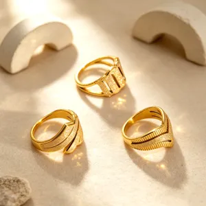 Anillo de Acero de Titanio Chapado en Oro Vintage para Mujer Banda Abierta Geométrica Irregular Texturizada Esmerilada Joyería