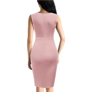 Women sleeveless slim bodycon midi dress solid color pink party clubwear elegant chic detail