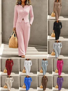 Women Fall Winter Solid Knit Button Cardigan Long Pants Casual Set Comfortable Outfit