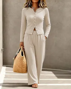 Womens solid color ribbed knit long sleeve button cardigan and trousers casual two piece set