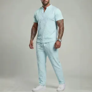 Men summer casual knit short sleeve v-neck t-shirt and long pants two-piece set mint green