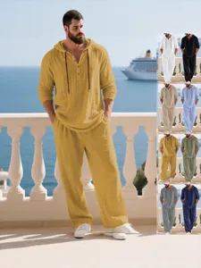 Men Casual Cotton Blend Long Sleeve Hooded Sweatshirt And Pants Set Solid Color Loose Two Piece Tracksuit Outfits