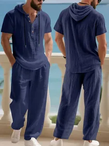 Men casual linen two piece set hooded short sleeve shirt and trousers beach outfit solid color.