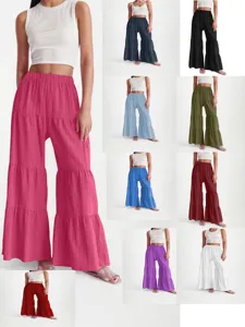 Women's Casual High Waist Pleated Loose Wide Leg Pants Solid Color Elastic Waist Long Trousers
