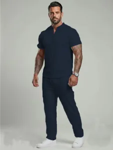 Men summer casual two piece V-neck short sleeve top and pants tracksuit set solid