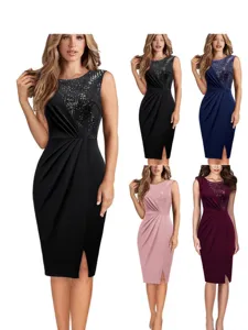 Womens Elegant Sleeveless Sequin Patchwork Bodycon Split Party Evening Dress Slim Fit Long Club Dress For Women