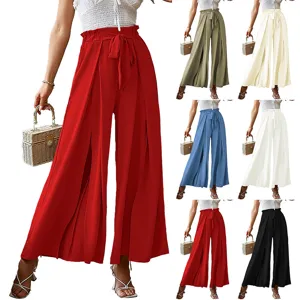 Women's Casual High Waist Wide Leg Pants Elegant Bow Tie Pleated Solid Color Long Trousers Spring Summer Fashion Streetwear Bottoms