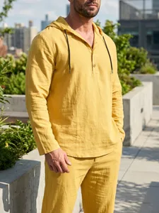 Men's casual linen hooded long sleeve top and pants set for daily wear summer outfit