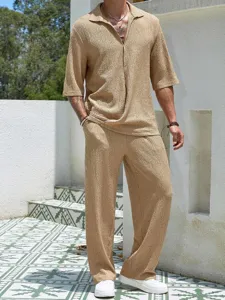 Men's casual textured two-piece set with short sleeve shirt and matching long pants.