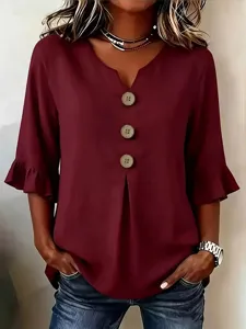 Women casual V-neck blouse with large buttons and chic ruffled sleeves in stylish burgundy color.
